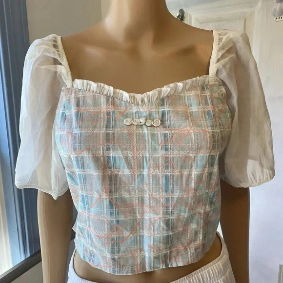 VTG IEF Womens L Silky Leaf Print Ruched Puff Sleeve Crop Top Fairy Square Neck - Picture 6 of 10